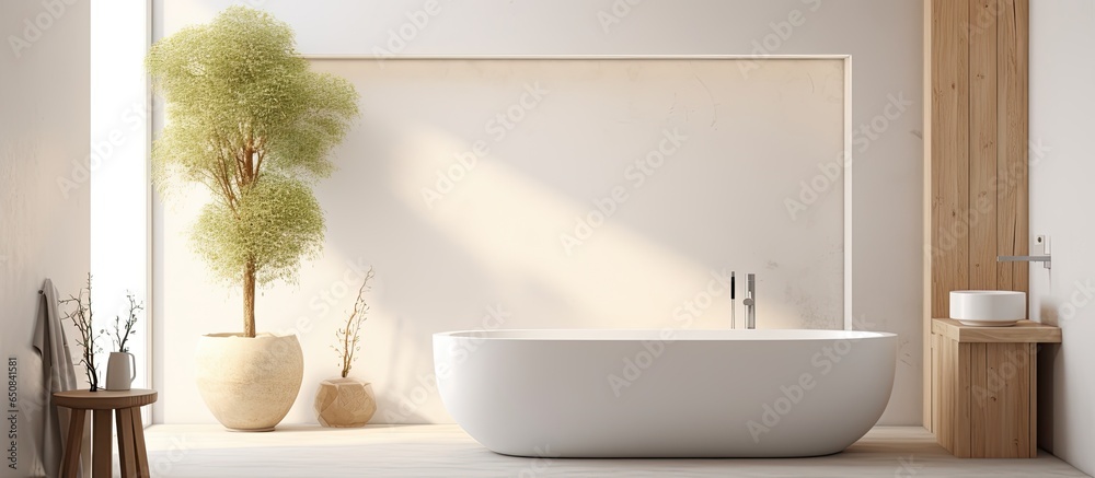 illustration of a cozy light filled country house bathroom with a freestanding spa bath minimalistic interior design and shelving