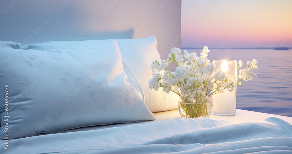 close up white bed in bedroom with white flower bouquet, romantic view of sea at twilight time, Generative Ai