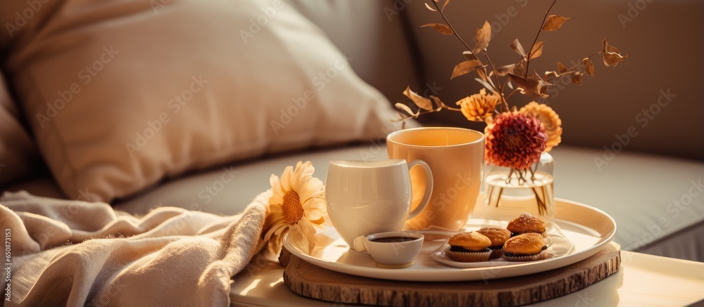 Autumn or winter concept with cozy details of home interior living room s still life featuring a tray holding steamy tea cups and sweaters on coffee table breakfast enjoyed on sunny sofa