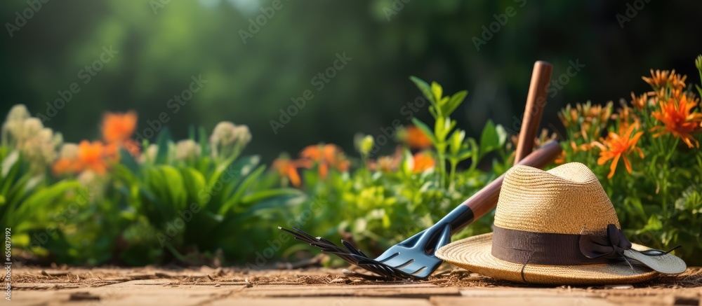 Garden tools and hat on grass in garden