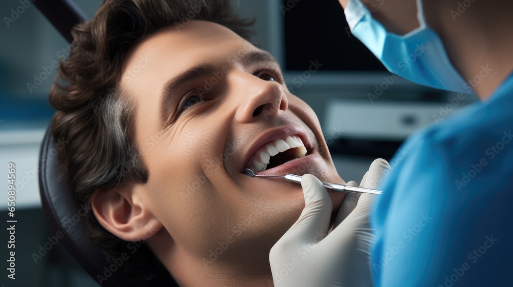 Dentist removing a young man patients teeth in the dentist office.
