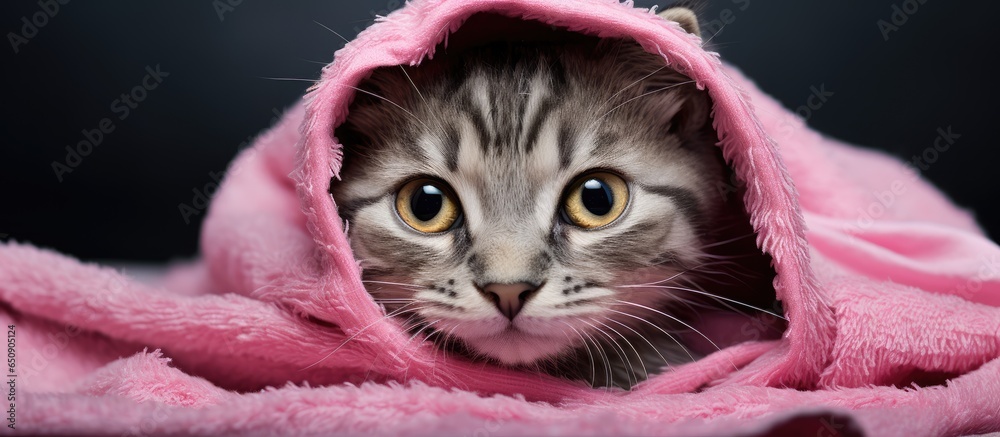 Adorable gray tabby kitten with yellow eyes recently bathed and wrapped in pink towel against a gray backdrop