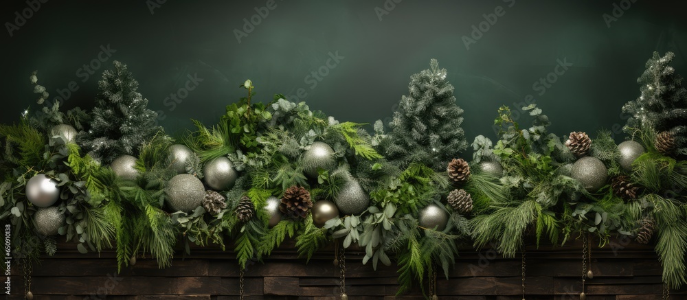 Christmas decorations background with textured wall and garland adorned with green pine fir branches