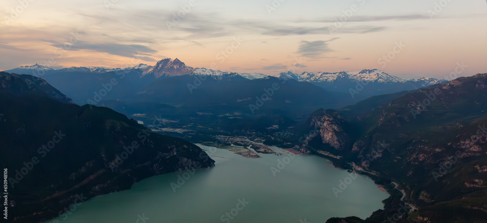 Canadian Mountain Landscape on the West Coast of Pacific Ocean. Aerial Nature Background. Sunset Sky.