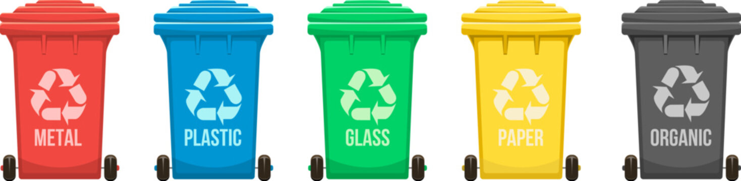 Waste segregation vector illustration. Colored trash cans for sorting garbage by material and type.