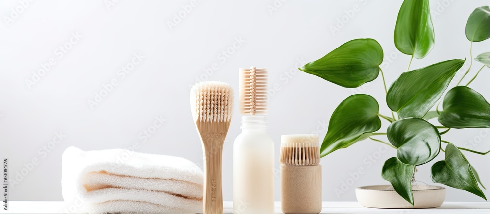 Environmentally friendly bamboo toothbrushes glass toothpaste wooden brush konjaku sponge on white wood with green monstera leaves No waste no plastic
