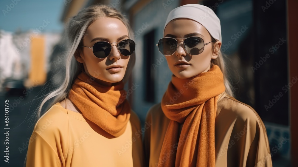 Portrait of young stylish women in shawls and sunglasses stands on the street on a sunny day.