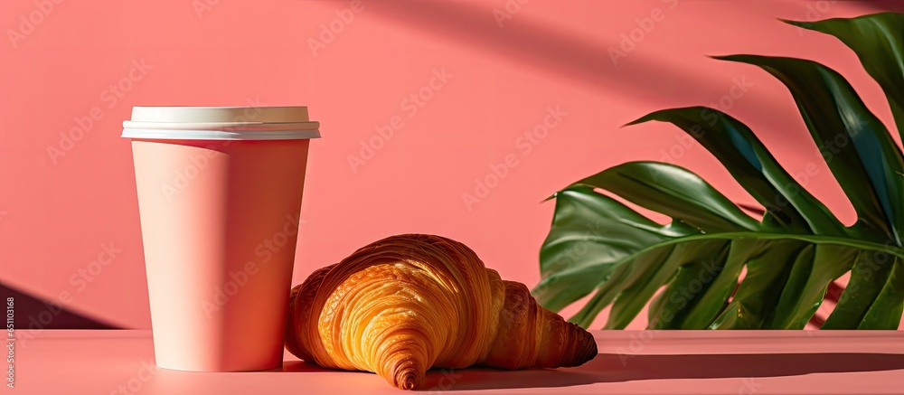 Coffee in a paper cup and croissant on pink background with shadow Urban scene with sunlight and shadow Idea of take away breakfast