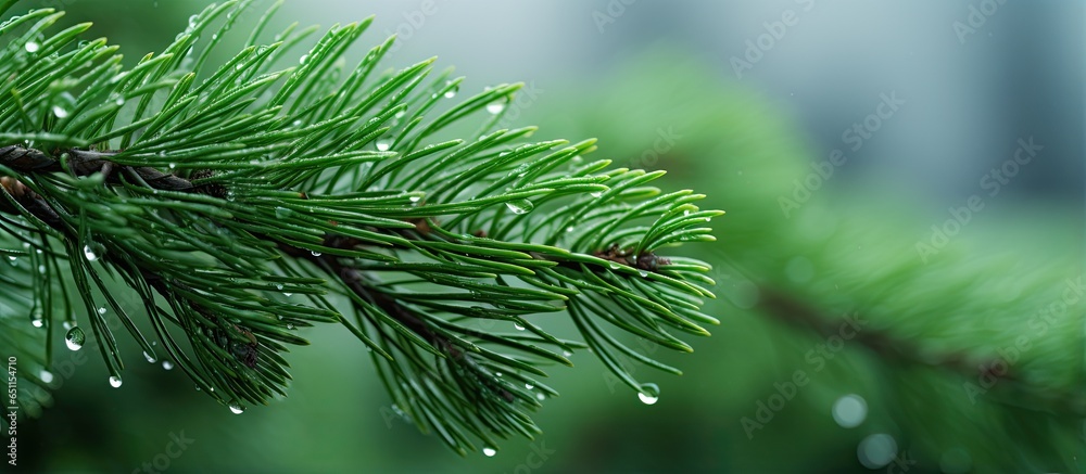 Close up of fluffy fir tree branches with shallow focus Wallpaper idea for Christmas with space for copy