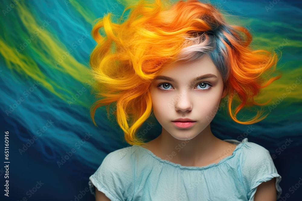 A stunningly beautiful portrait of a young girl with curly, brightly colored hair, and the colorful background adds glamor, making her the epitome of elegance and style.
