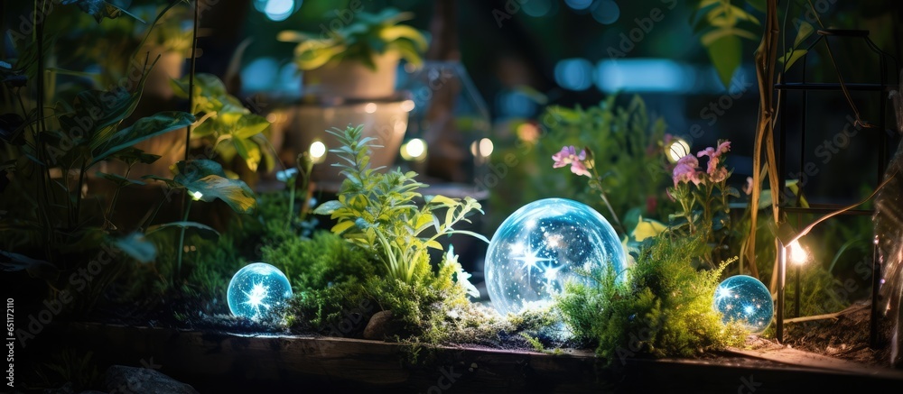 Nighttime home garden enhanced by globe lights decorative gardening landscaping and lush foliage