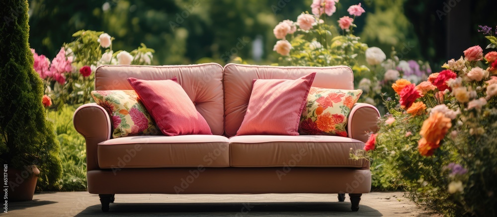 Contemporary outdoor sofa amidst vibrant garden landscape