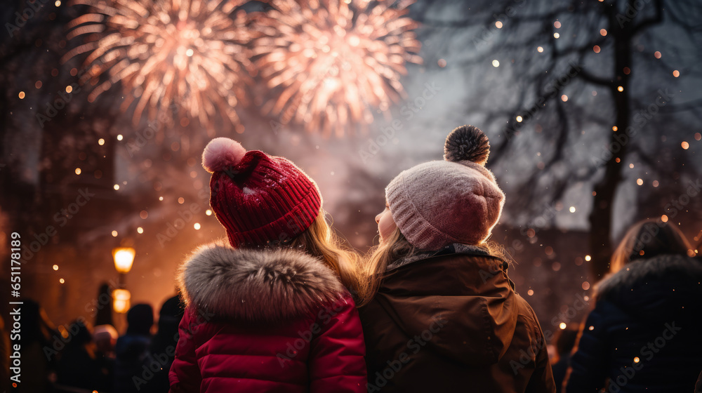 Child wonderment as they watch their first New Year fireworks display, their eyes wide with amazement and delight in a snowy park in front of firework display