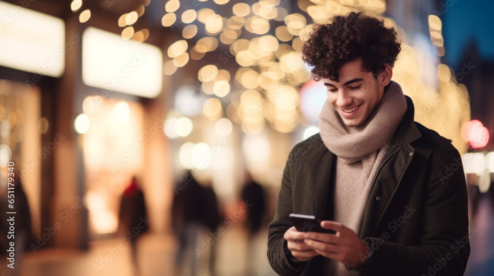 Young man browsing Black Friday deals on his smartphone , lighting atmosphere with street mall background and christmas decoration