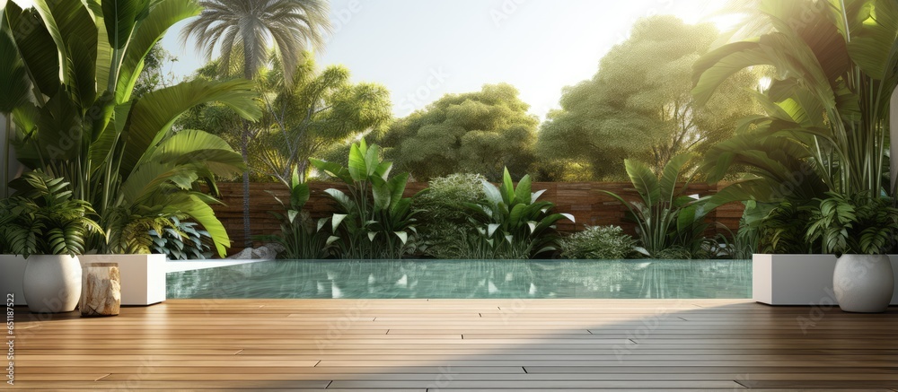 Contemporary swimming pool deck with blank wall wooden floor green tile and natural surroundings
