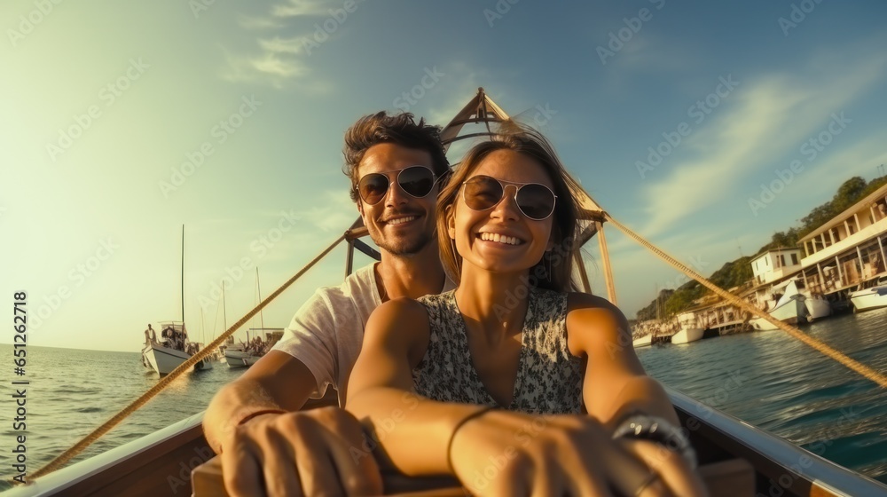 Young couple in love sailing on a traditional wooden boat in Thailand