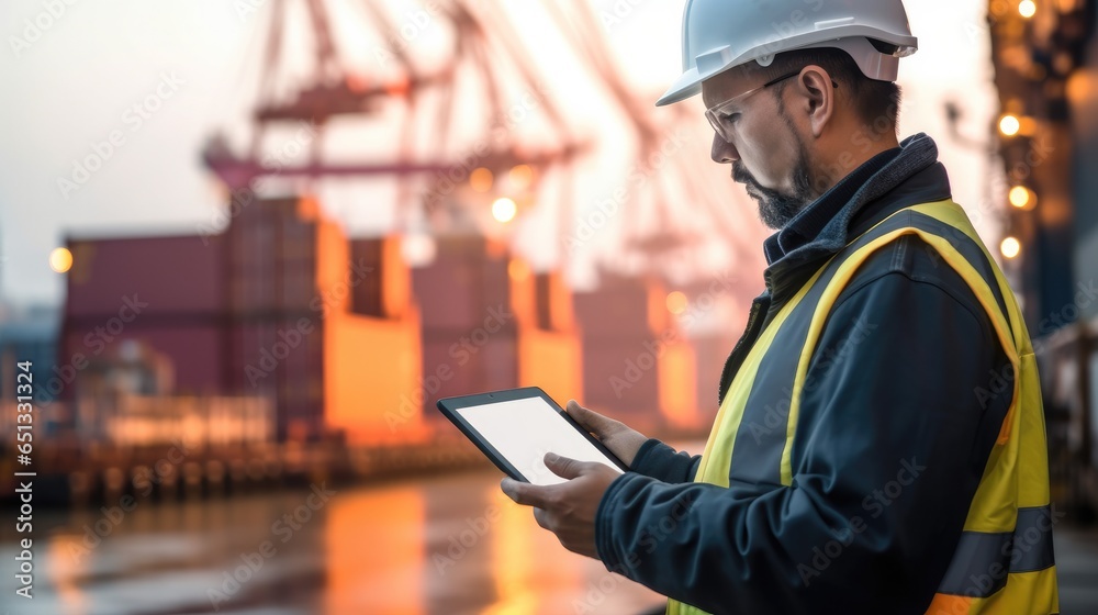 Logistic concept, Port engineers are using digital tablets to control the loading of containers from ships to deliver goods, Shipping Logistics Transport Industrial.