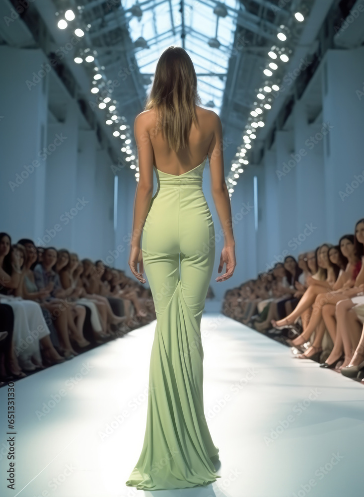 Rear view, Woman walking down the runway at Fashion Show.