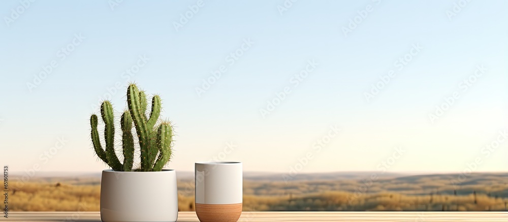 Realistic illustration of a display podium with a succulent vase books and table for product advertising