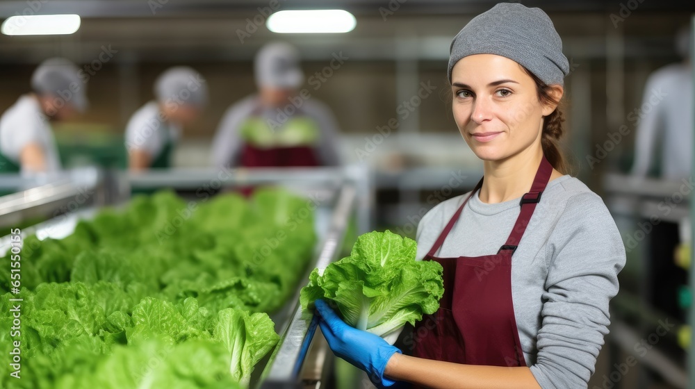 Young woman worker holding lettuce leaves during work on conveyor at factory.