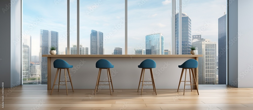Minimalist cafe interior with blue and grey bar windows showcasing skyscrapers three bar chairs on wooden floor No people in ing