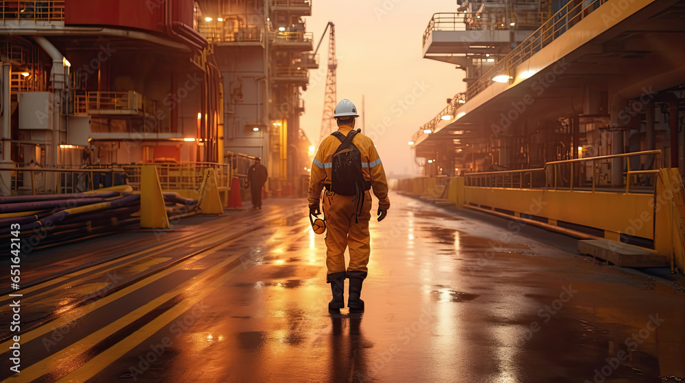 Back of Offshore oil rig worker walks to an oil and gas facility to work in the process area. Generative Ai