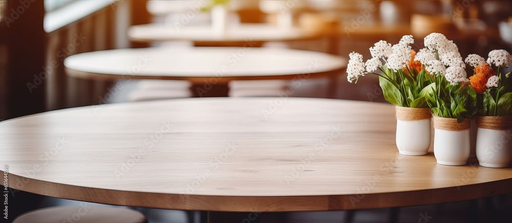 Empty round table in a coffee shop with flower vases and storage against a blurred background