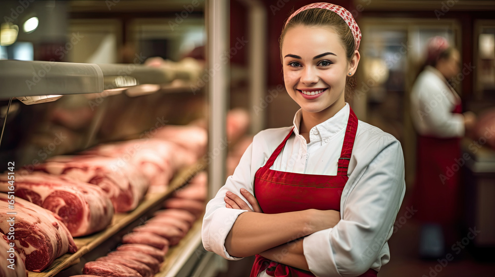 Portrait of A happy female butcher standing with arms crossed in modern meat shop. Generative Ai