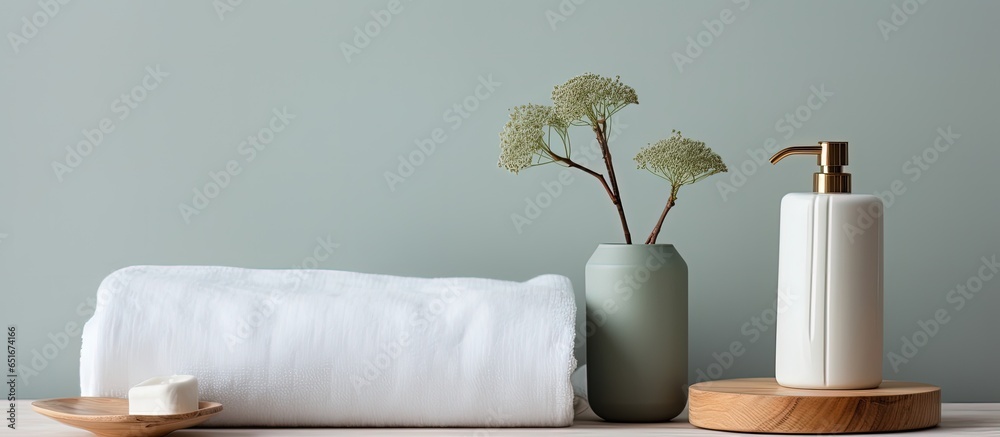 Eco friendly bath accessories in green shade with cotton towels white vase and soap dispenser on oak stump Daily self care idea