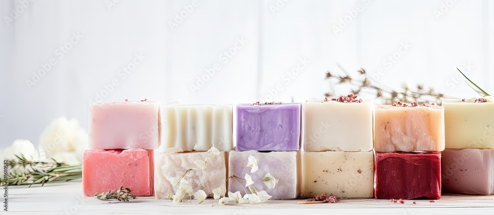 white wooden background with space handcrafted soaps