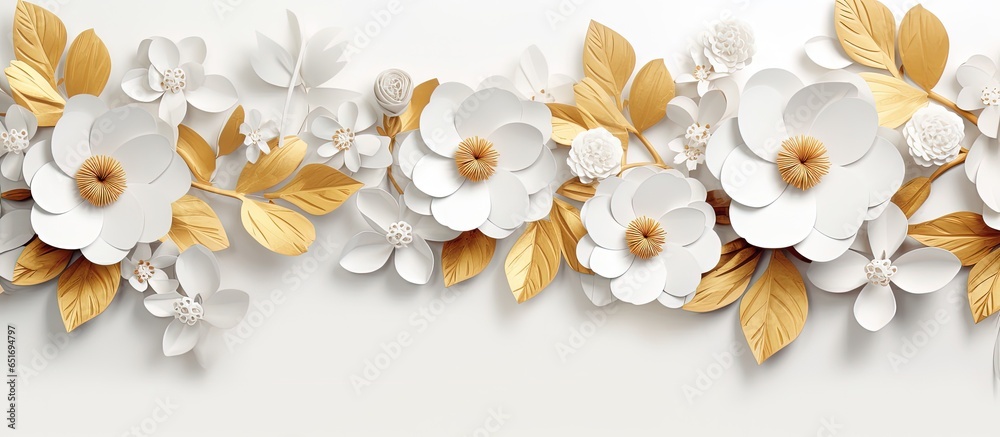 White paper flowers and golden leaves on an abstract background resembling a floral botanical wallpaper