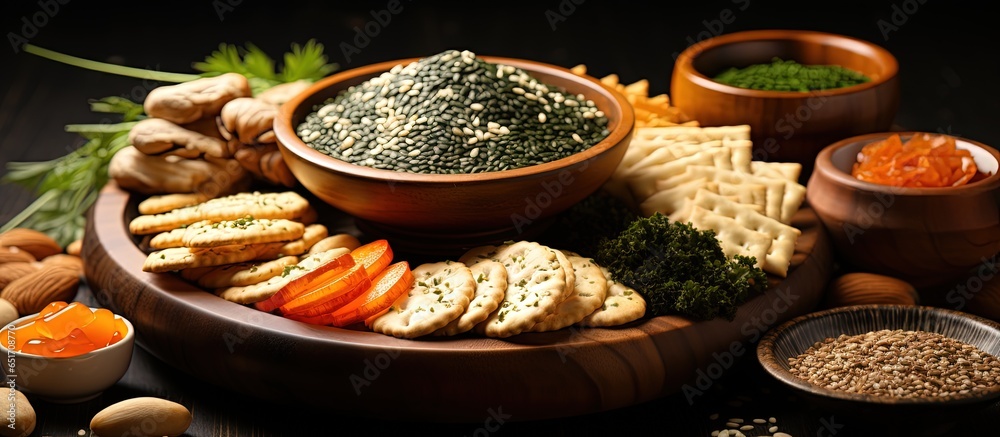 Assorted Japanese snacks in a close up wooden bowl Includes rice crackers with wasabi and nori peanuts with sesame seeds and more Blend of traditional Japanese snacks