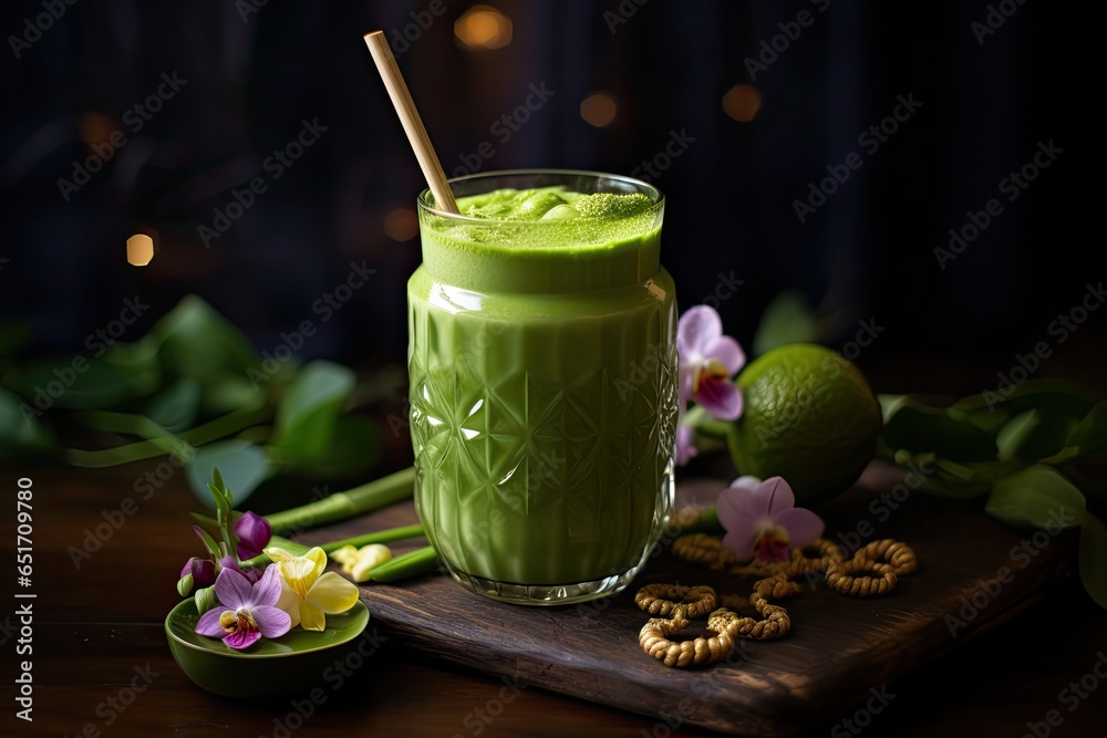 A refreshing and healthy green smoothie in a glass jar, made with organic ingredients like spinach, avocado, apple, and mint.