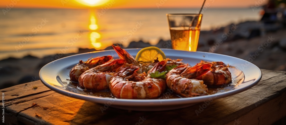 Beach club restaurant serves grilled prawns on a white plate in Mahahual Mexico on 10 2023