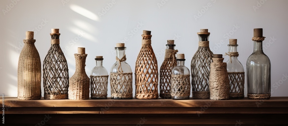 Old house showcasing vintage bottles enclosed in woven rattan