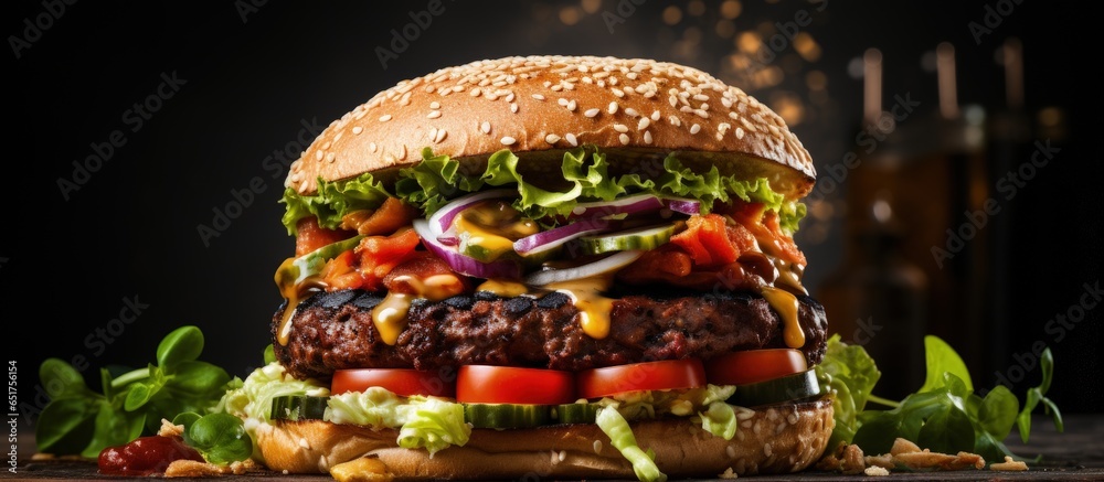 Plant based burger with veggies tomato sauce and empty area Healthy vegan cuisine idea