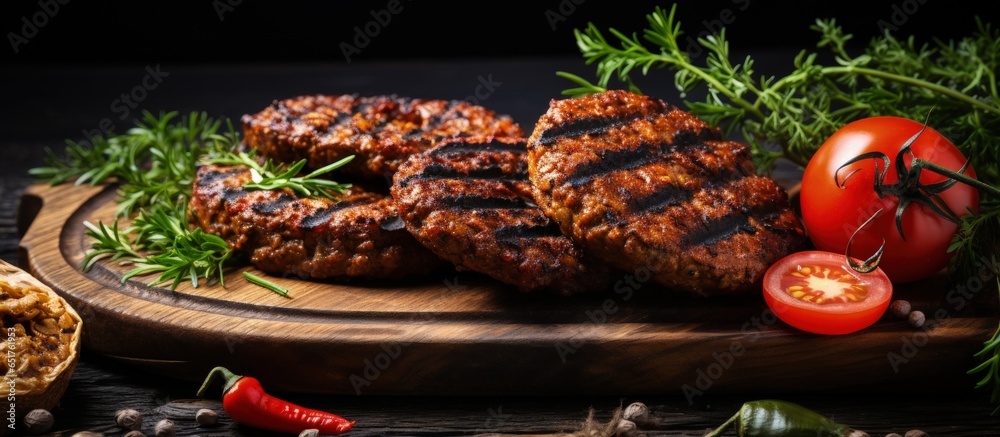 Vegan burger on wooden board with tomato and onion Top view on gray background