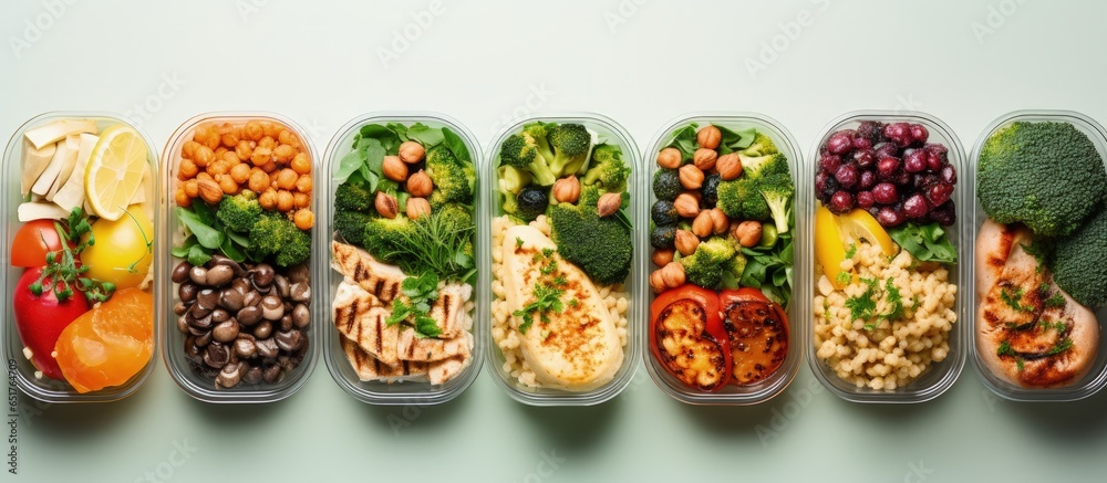 Meal prep in lunch boxes on light background emphasizing healthy eating concept flat lay with copy space