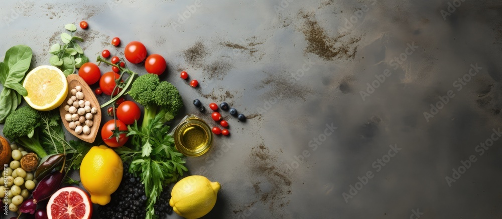 Healthy food ingredients for cooking on a kitchen table representing a balanced nutrition concept for clean eating with a flexitarian Mediterranean diet Top view flat lay background