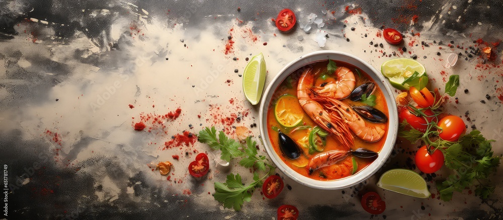 Trendy seafood soup with prawns mussels and salmon on a light background