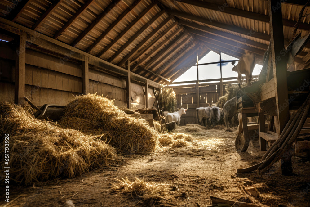 a large village cowshed, cows are standing inside, the cowshed i