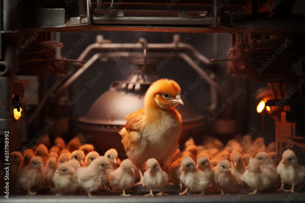 lots of chickens in a fantastic futuristic incubator