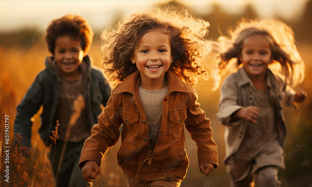 Group of happy little kids running in autumn park.