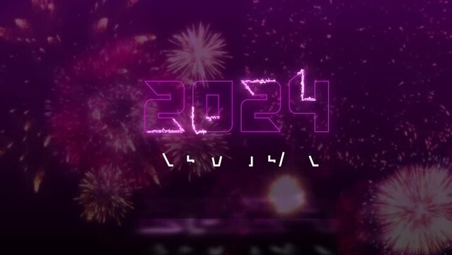 Happy New Year 2024 text in purple color with nebula effect