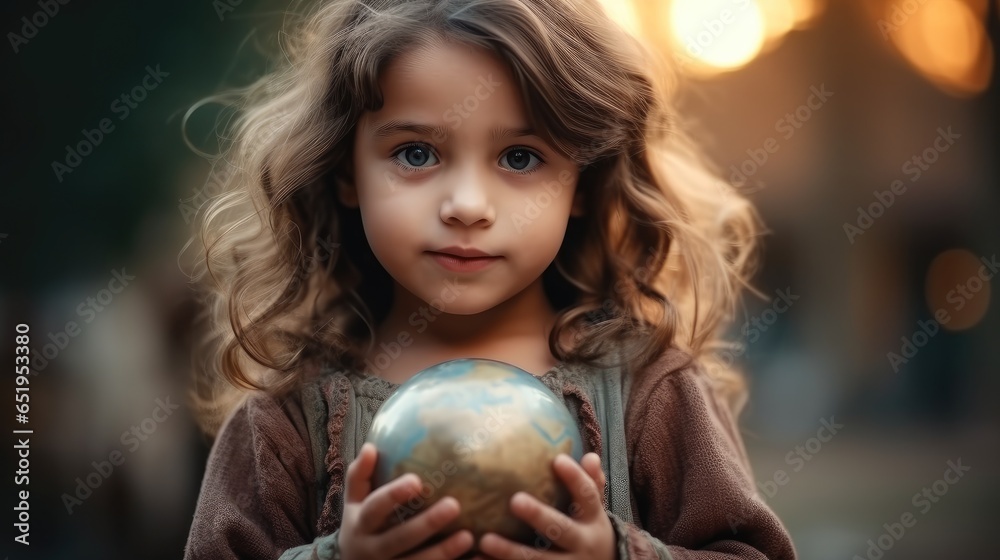 Cute girl holding a globe in her hand, Environment, Earth Day, New generation future concept.