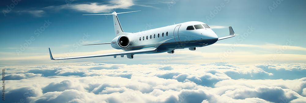 Private jet flying on blue sky with white clouds at background, Business Travel Concept.