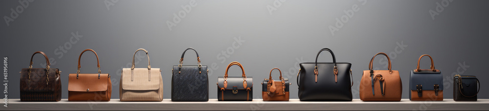 Womens handbags, Multiple bag products on grey studio background.