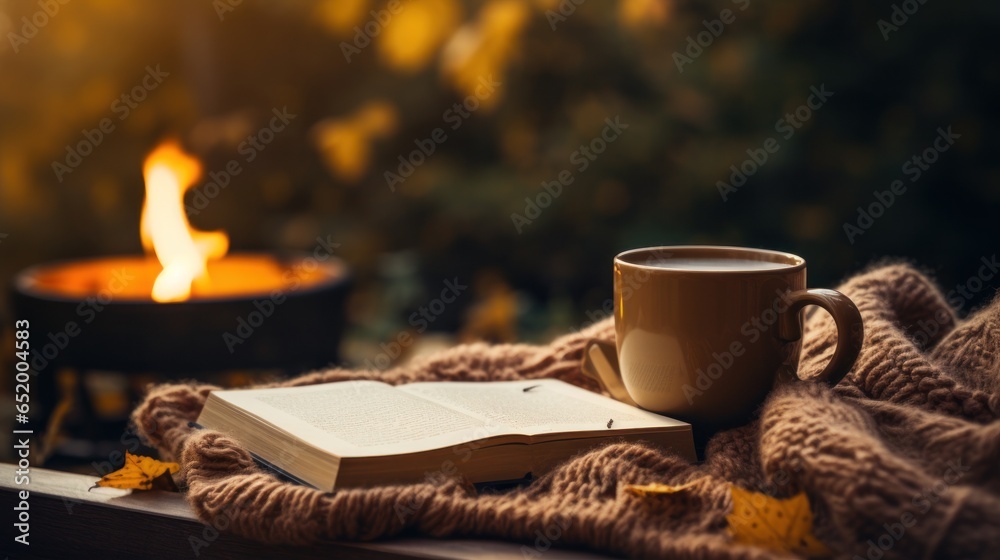 Cozy sweater, hot drink, fall foliage, book