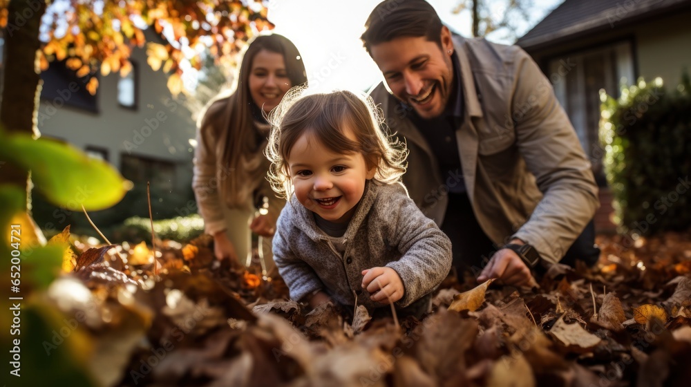 Family playing in leaves in backyard