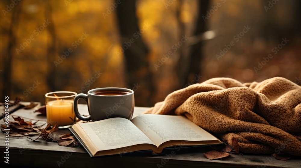 Cozy sweater, hot drink, fall foliage, book